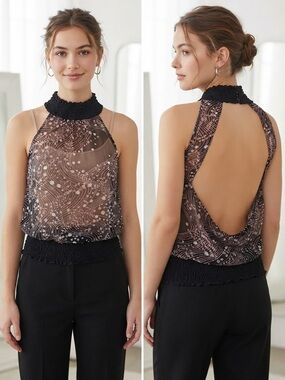 bebe Black and Dusty Pink Abstract Sheer Halter Top